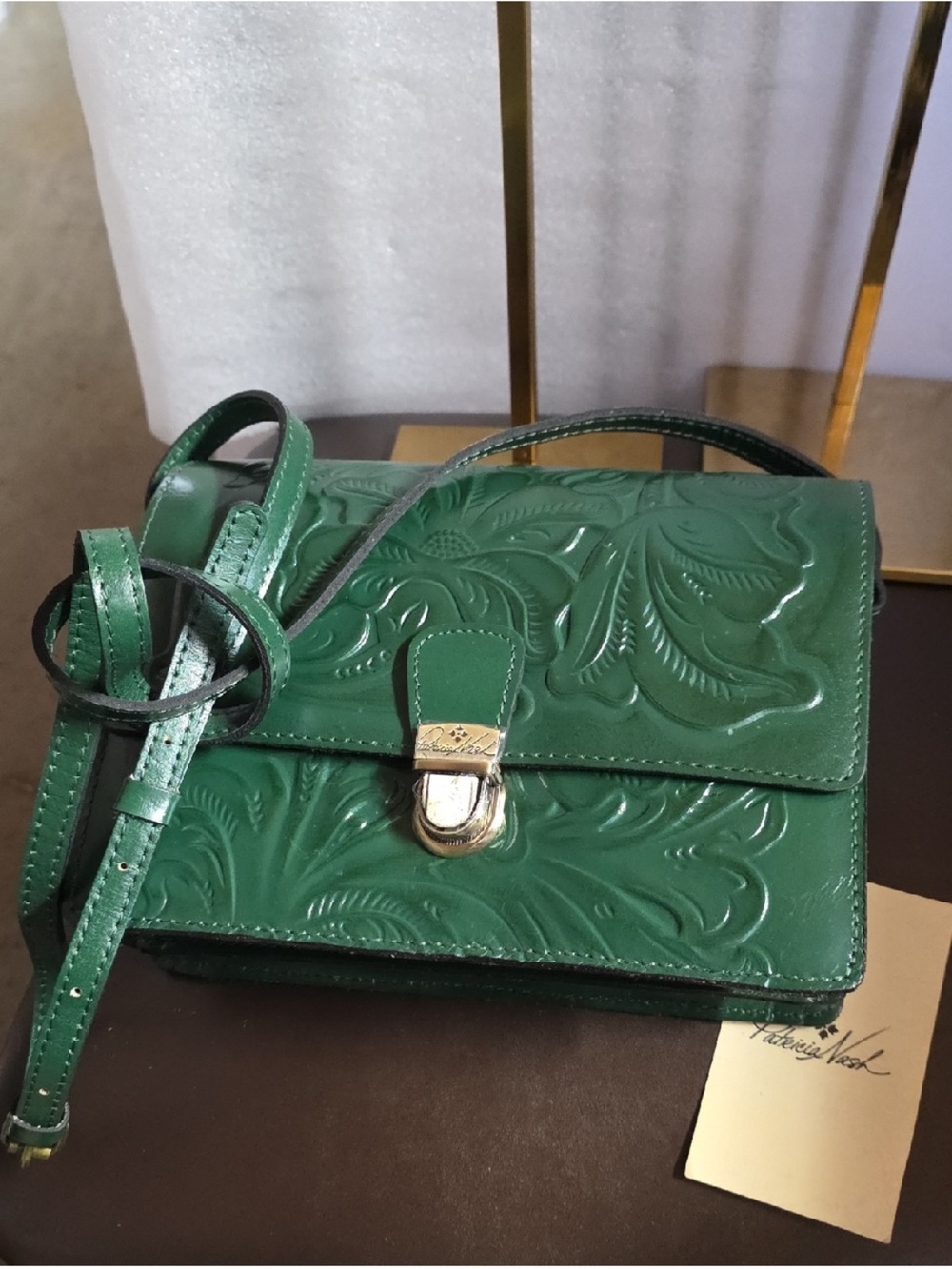 Patricia Nash Green Embossed Leather Crossbody with Gold-Tone Clasp